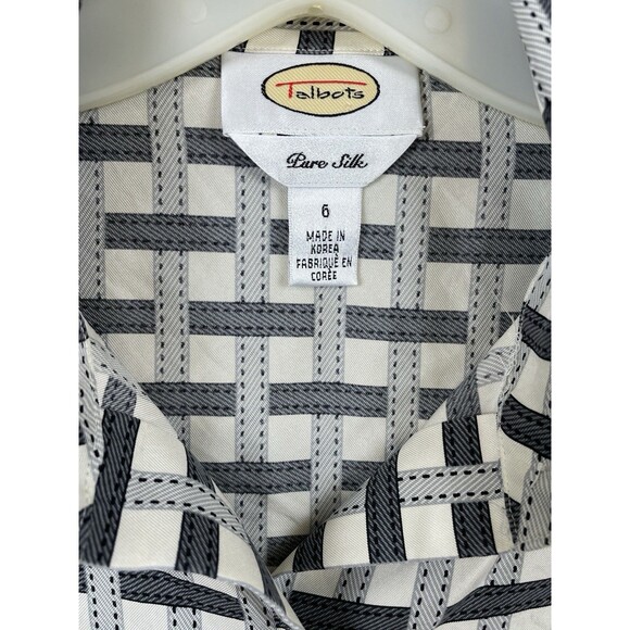 Talbots Size 6 Cream Black Pure 100% Silk Basketweave Button Front Blouse Top - Picture 2 of 6